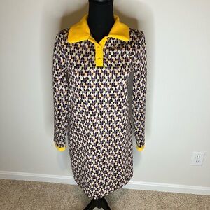 Retro Geometric Long-Sleeve Dress with Yellow Collar